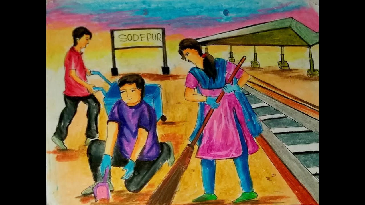 Swachh Bharat Abhiyan Drawing | Clean India Scenery | Railway station scenery with oil Pastel