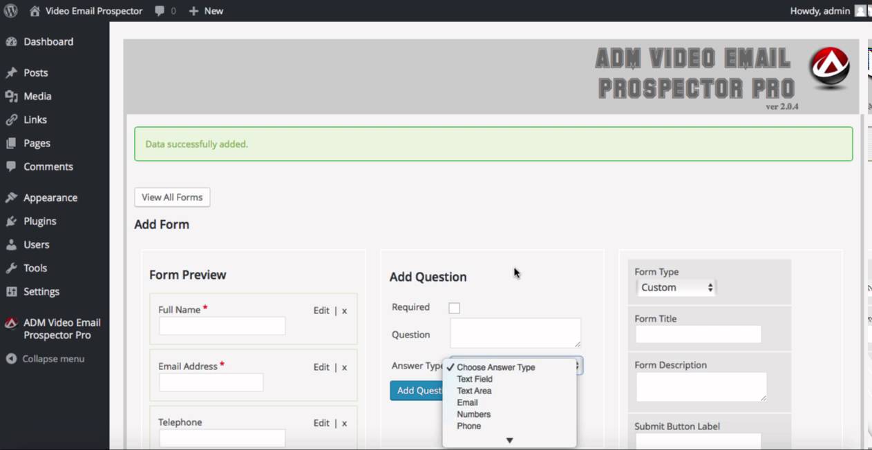 ADM Video Email Prospector - Form Creation