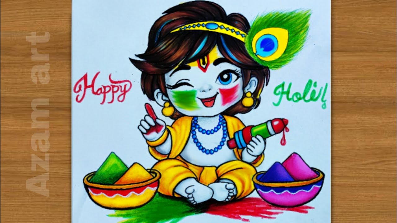 Happy holi Krishna | Beautiful Krishna holi  drawing| holi drawing | Krishna drawing | Chitra 