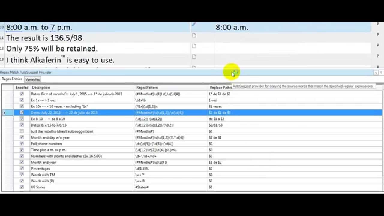 Application examples of Regex Match AutoSuggest Provider in SDL Trados Studio