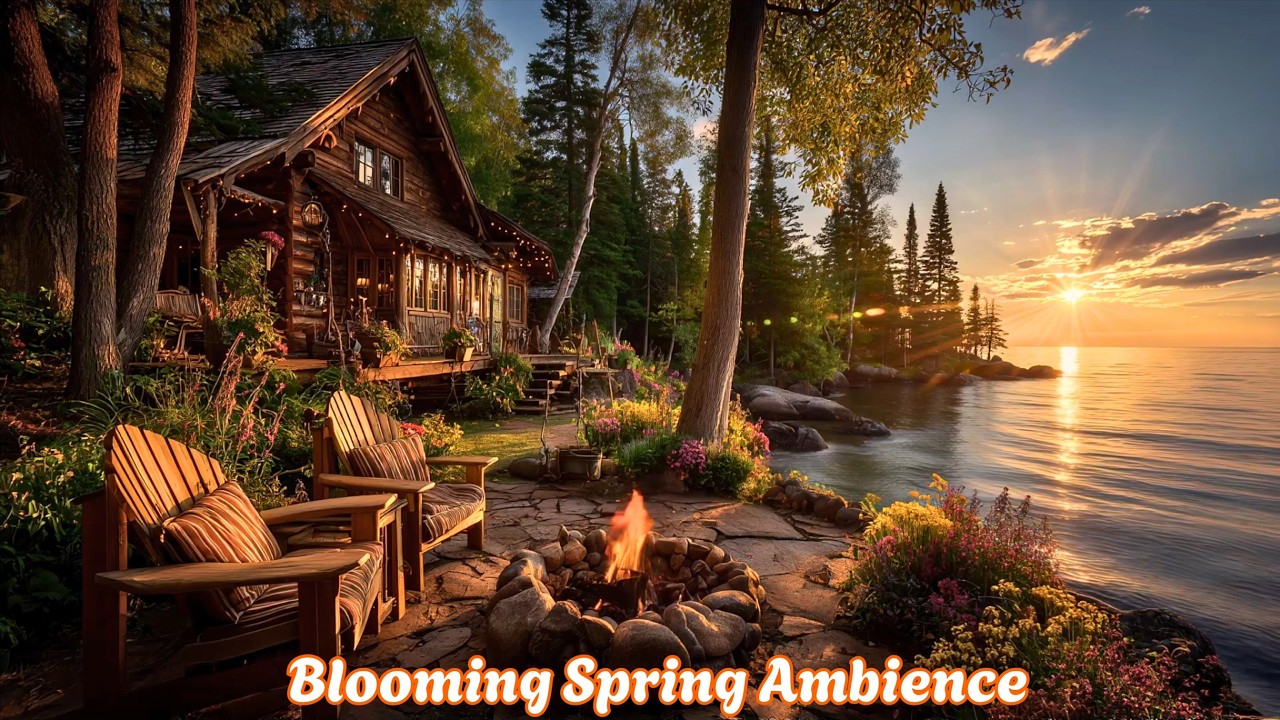 Blooming Spring Sunset beside a Cozy Lakeside Cabin 🌅 | Relaxing Campfire, Birds & Nature Sounds