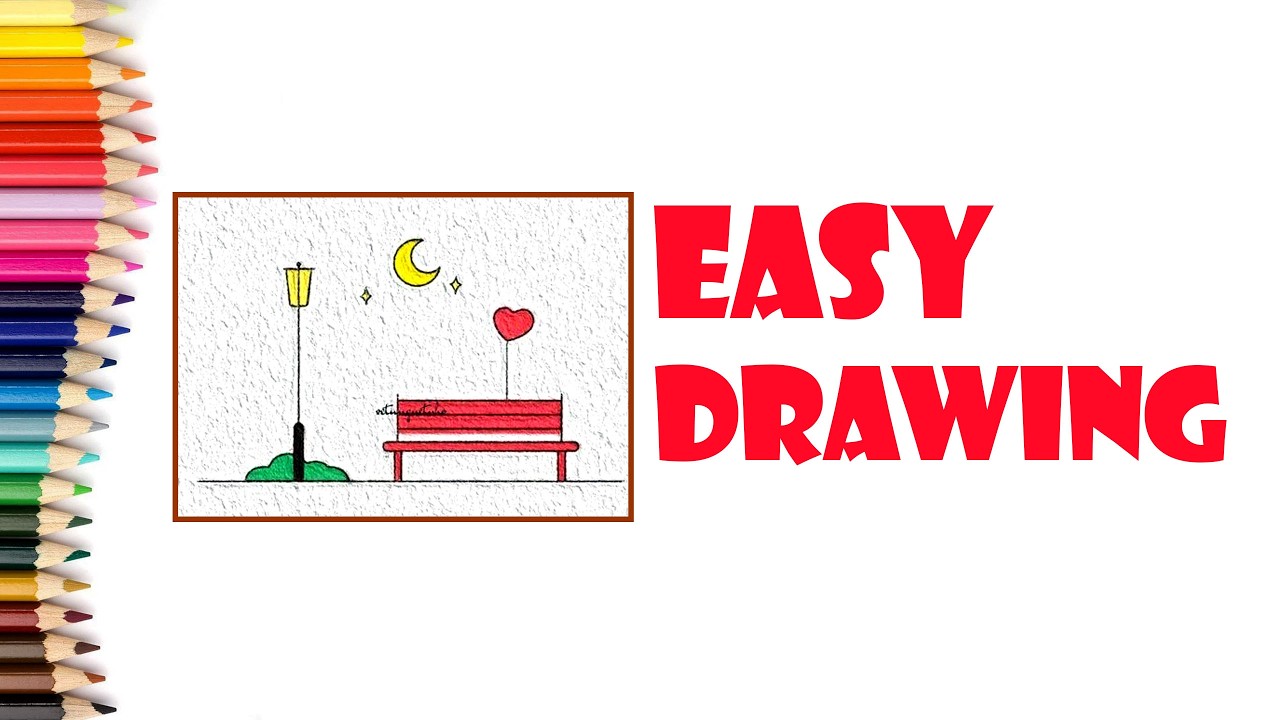 Easy Night Park Drawing for Kids | Moon, Bench & Heart