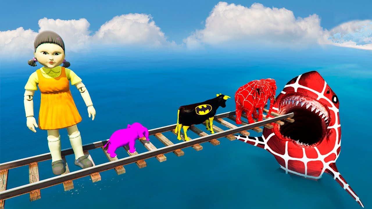 GTA 5 water Ragdolls Animal Mods: Red SpiderMan Elephant, Batman Cow and Spider Shark through a Pipe