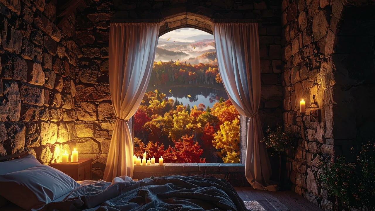 A Medieval Castle Window View 🍂 | Peaceful Autumn Mountains & Lake (Ambient Scene)