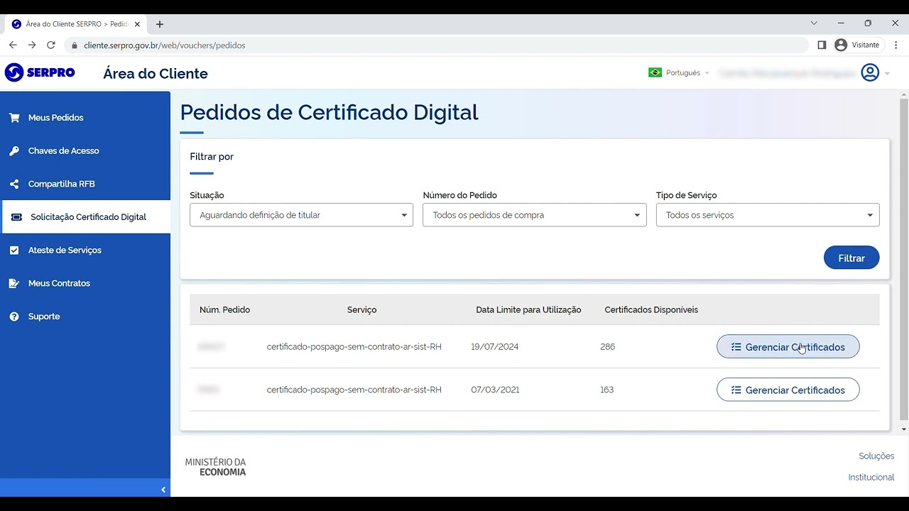 Menu solicitação de Certificado Digital