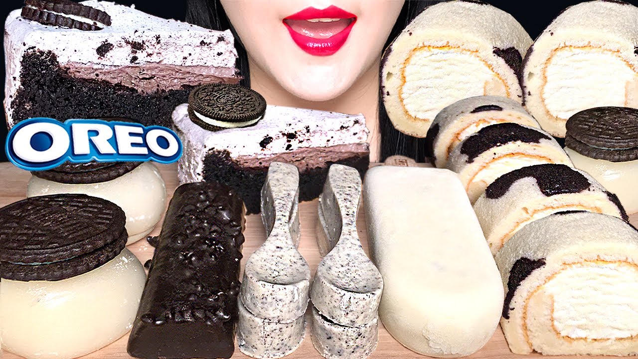 ASMR OREO ICE CREAM, OREO CAKE, EDIBLE SPOON CHOCOLATE, RICE CAKE MUKBANG 오레오 디저트 먹방 EATING SOUNDS