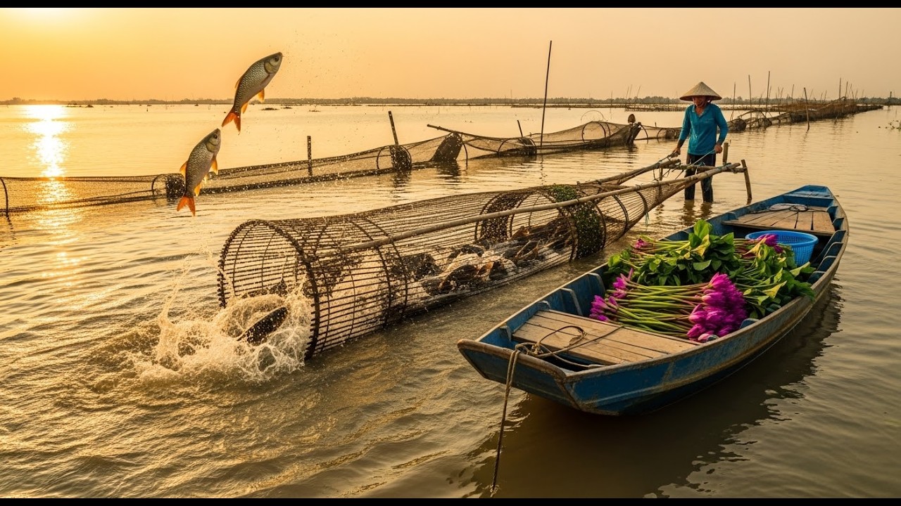 The Vietnamese farmer is visiting a very large fish trap, and there are many fish in the trap.