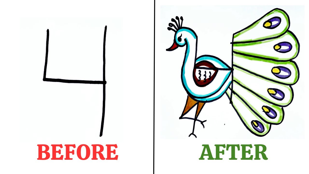 Easy Dancing Peacock Drawing With 4 Number | How To Draw Easily | Step By Step |