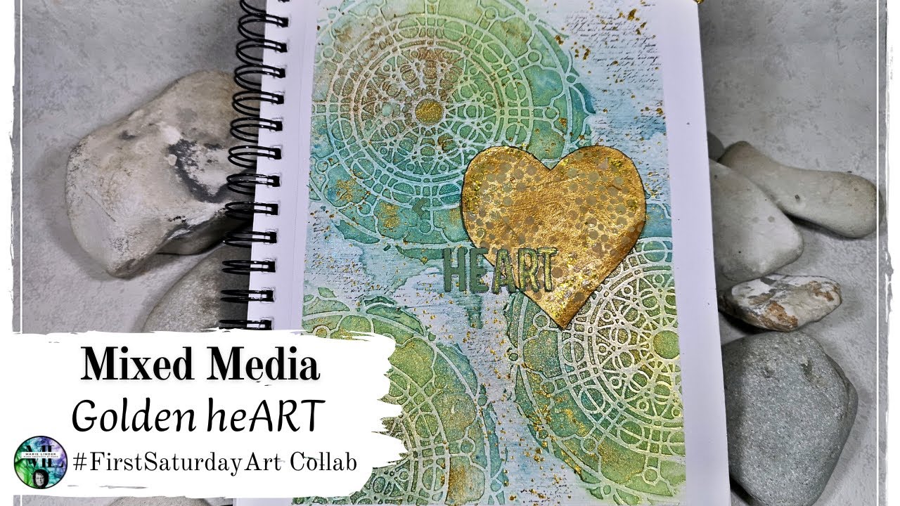 Mixed Media Golden heART. Lindy's Stamp gang spray & Wall putty - #FirstSaturdayArt  #artjournal