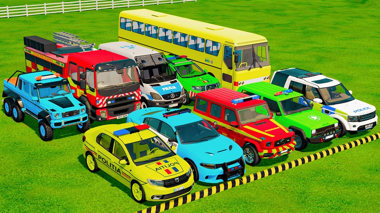 TRANSPORTING POLICE CARS, AMBULANCE, FIRE TRUCK, COLORFUL CARS WITH TRAIN - FARMING SIMULATOR 22!