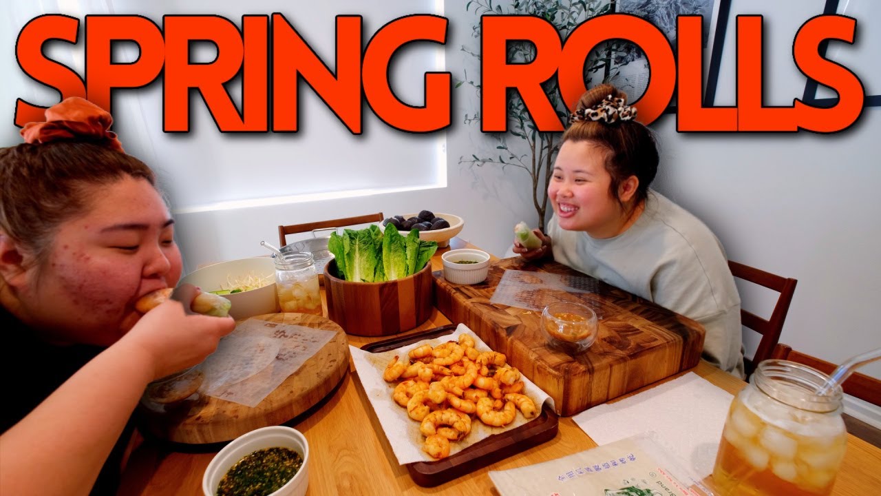 GIANT SHRIMP SPRING ROLLS (COOKING + EATING) MUKBANG 먹방 + SPICY SAUCE EATING SHOW!