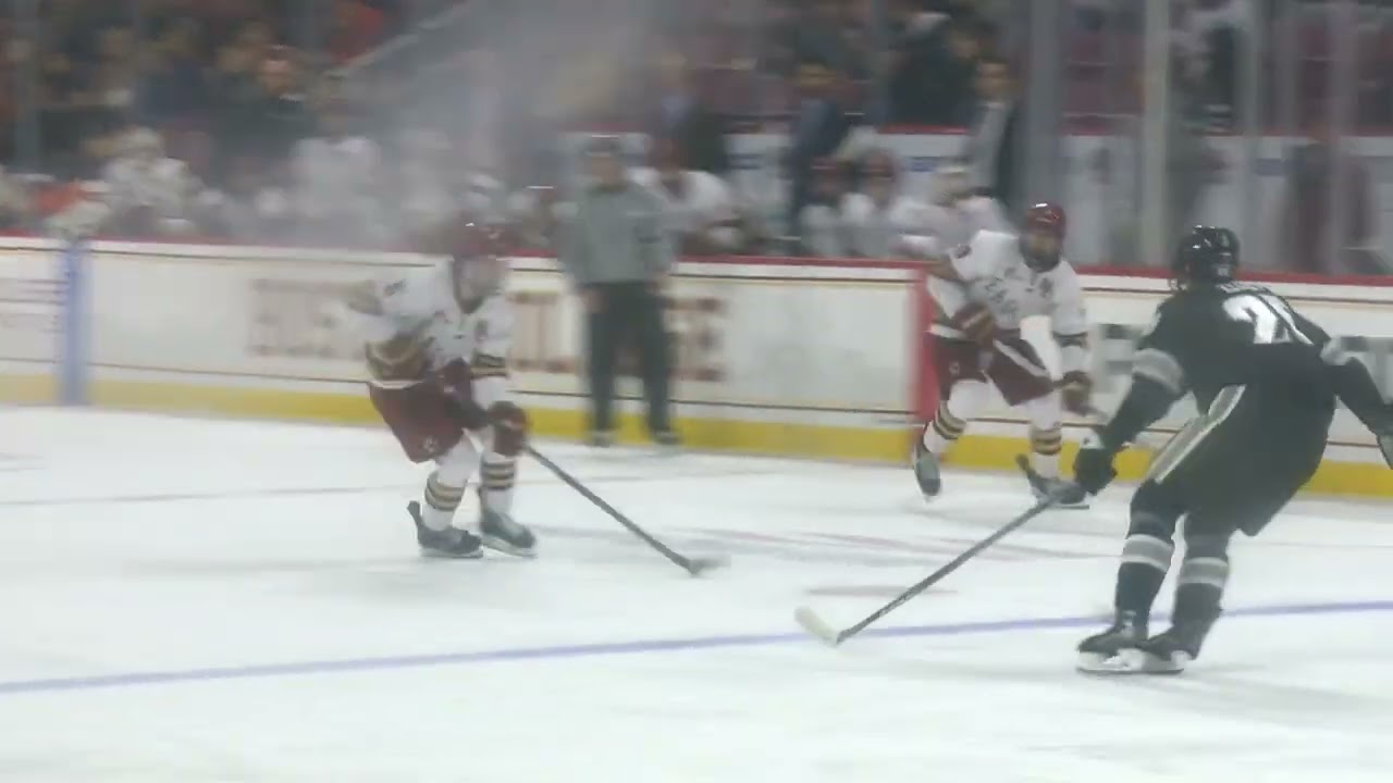 BC's Drew Fortescue rushes up ice, drops it to Cutter Gauthier  Gauthier rips it to tie the game