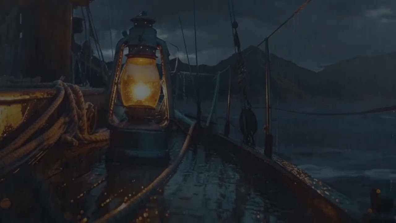Sleeping on a Boat Near a Small Island | Heavy Rain & Lantern Light on Deck | Ocean Storm Sounds