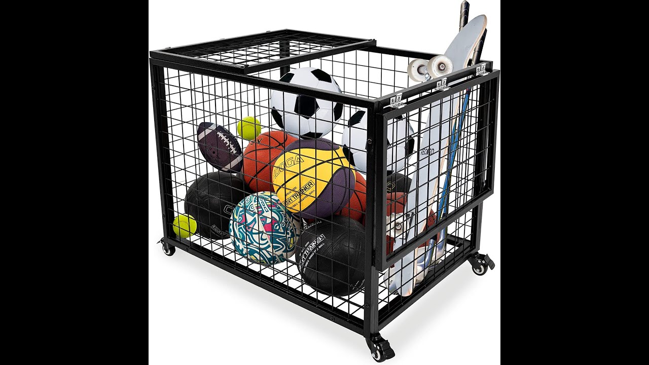 rehomerance Ball Cart Garage Sports Equipment Organizer with Lockable Lid, Basketball Storage Bin fo