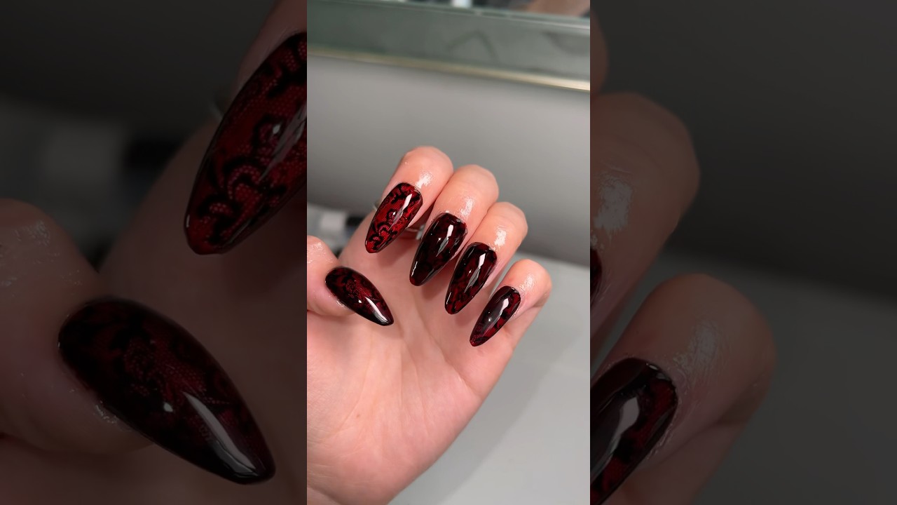 Velvet red lace nails tutorial 🥀🖤 #nails #nailart #halloweennails #cateyenails
