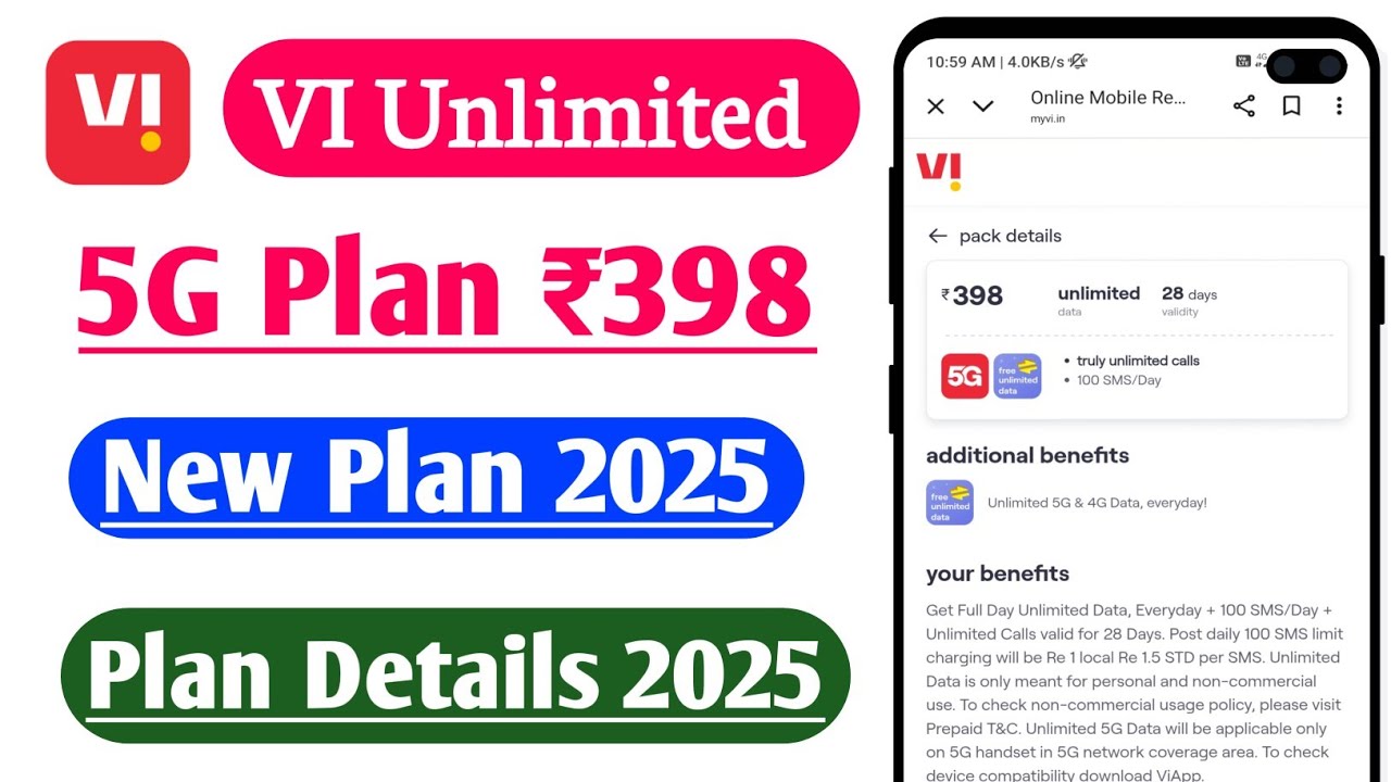VI Unlimited Recharge Plans Rs 398 All Details | Vi ₹398 recharge plans 2025