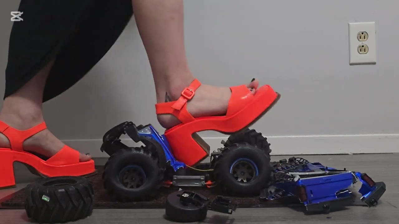 Monster truck crushed by Pebbles in a bunch of shoes #crushexperiment #asmrcrush #modelcarcrush