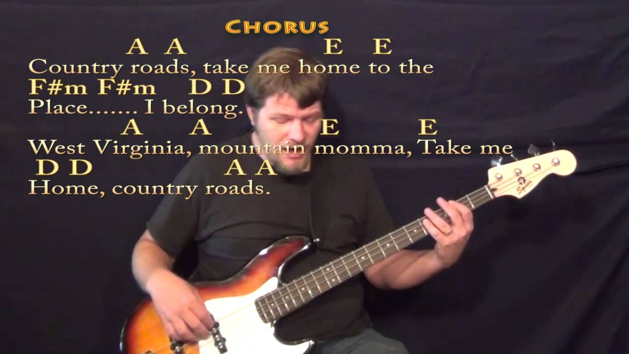 Country Roads (John Denver) Bass Guitar Cover Lesson in A with Lyrics/Chords