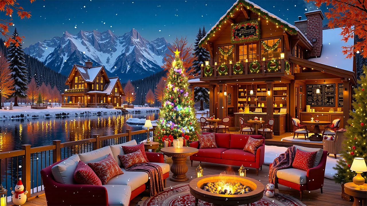 Soft December Jazz - Sweet Cozy Coffee Shop in Winter Village & Snowflakes Fall for Study and Work