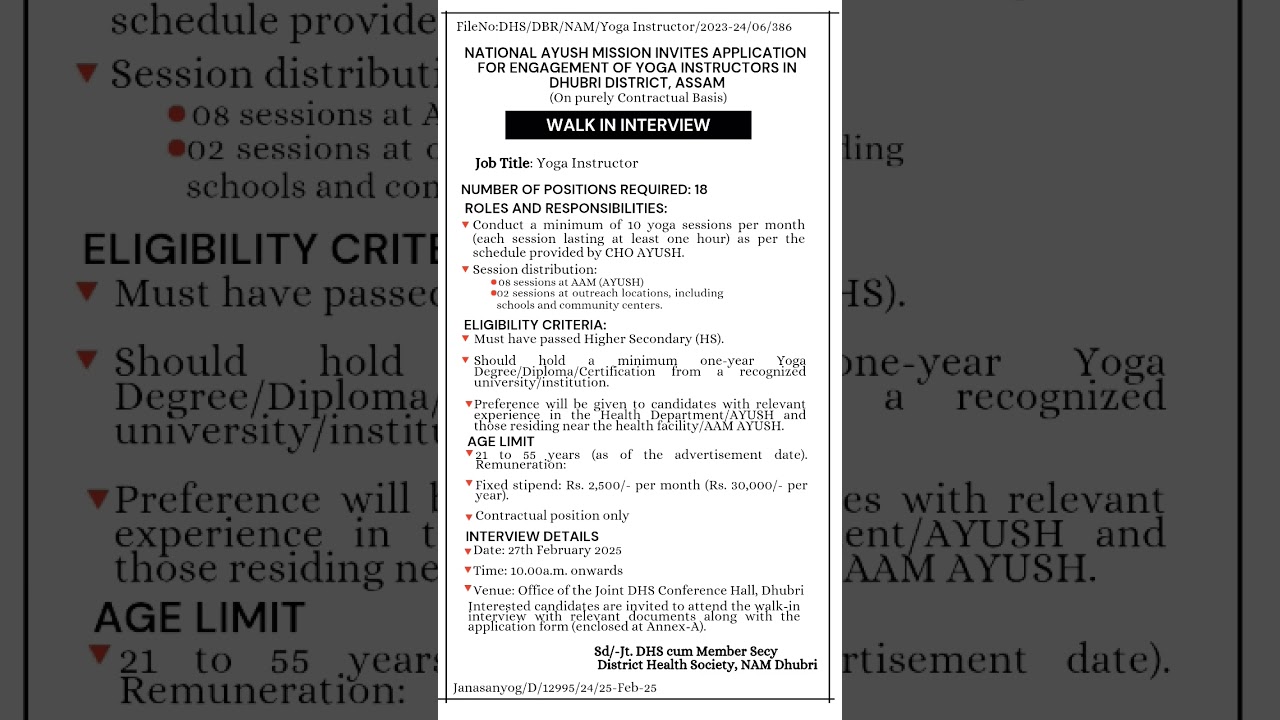 Yoga Instructor Recruitment -2025 || 18 New Vacancies