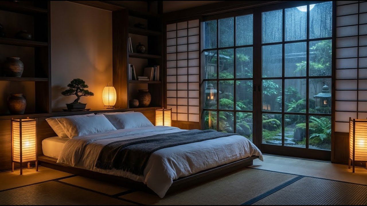Total Calm Rain & Felt Piano in Japanese Room with Lantern to Stop Anxiety and Sleep Fast 🌿