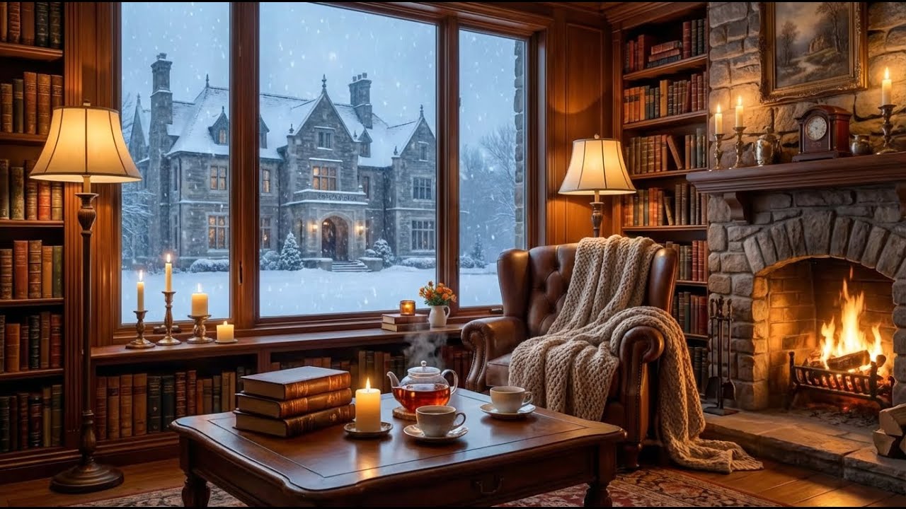 Tranquil Warm Winter Jazz ❄️ Cozy Ambience & Crackling Fireplace Sounds for Study & Work