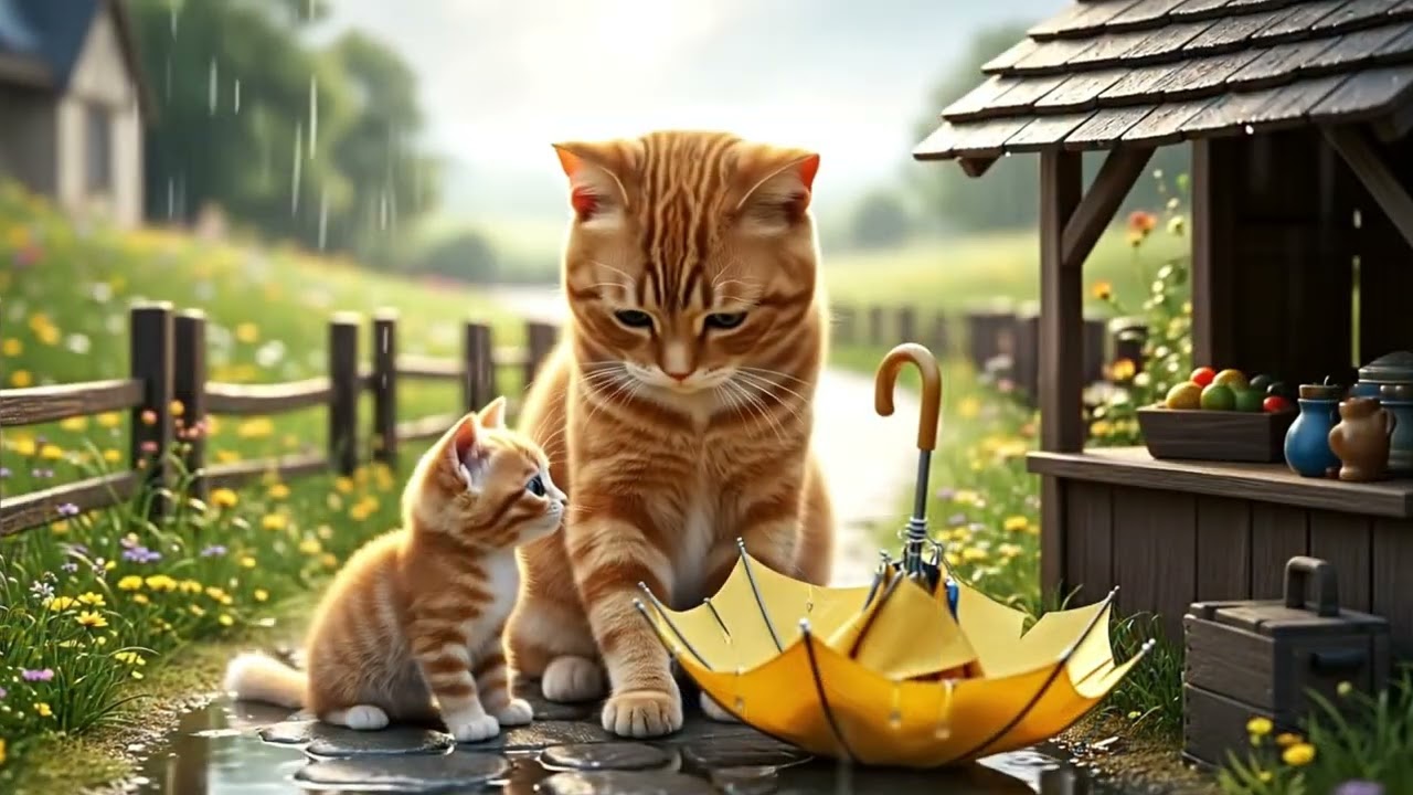 🌧️ The Broken Umbrella |  Heartwarming Rain Story of Mama Cat & Baby Cat  Bella & Lio 🐾#aicatvideo