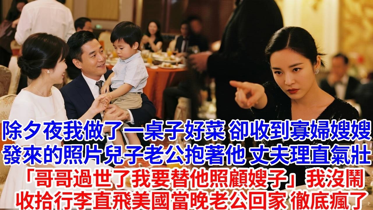 除夕夜，我做了一桌子好菜。卻收到寡婦嫂嫂發來的照片。兒子老公抱著他，丈夫理直氣壯：「哥哥過世了，我要替他照顧嫂子。」我沒鬧，收拾行李直飛美國。當晚老公回家，徹底瘋了。#婆媳故事#為人處世#生活經驗