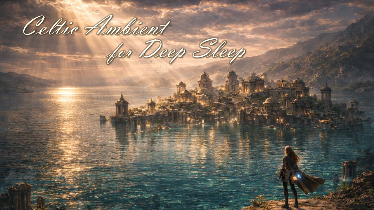 Deep Sleep Celtic Harp Fantasy Ambient | Quiet Lake Town & Gentle Golden Light