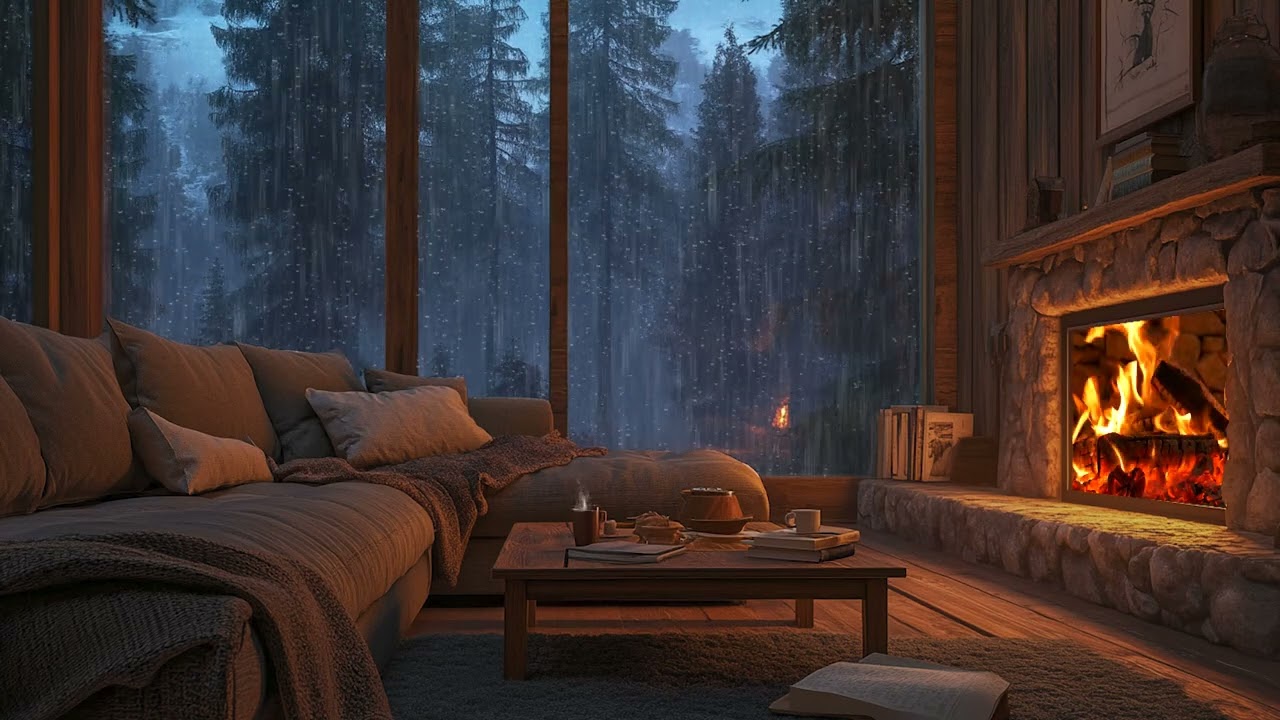 Heavy Rain and a Warm Cabin Fireplace | Relieve Stress and Relax with Natural Sounds