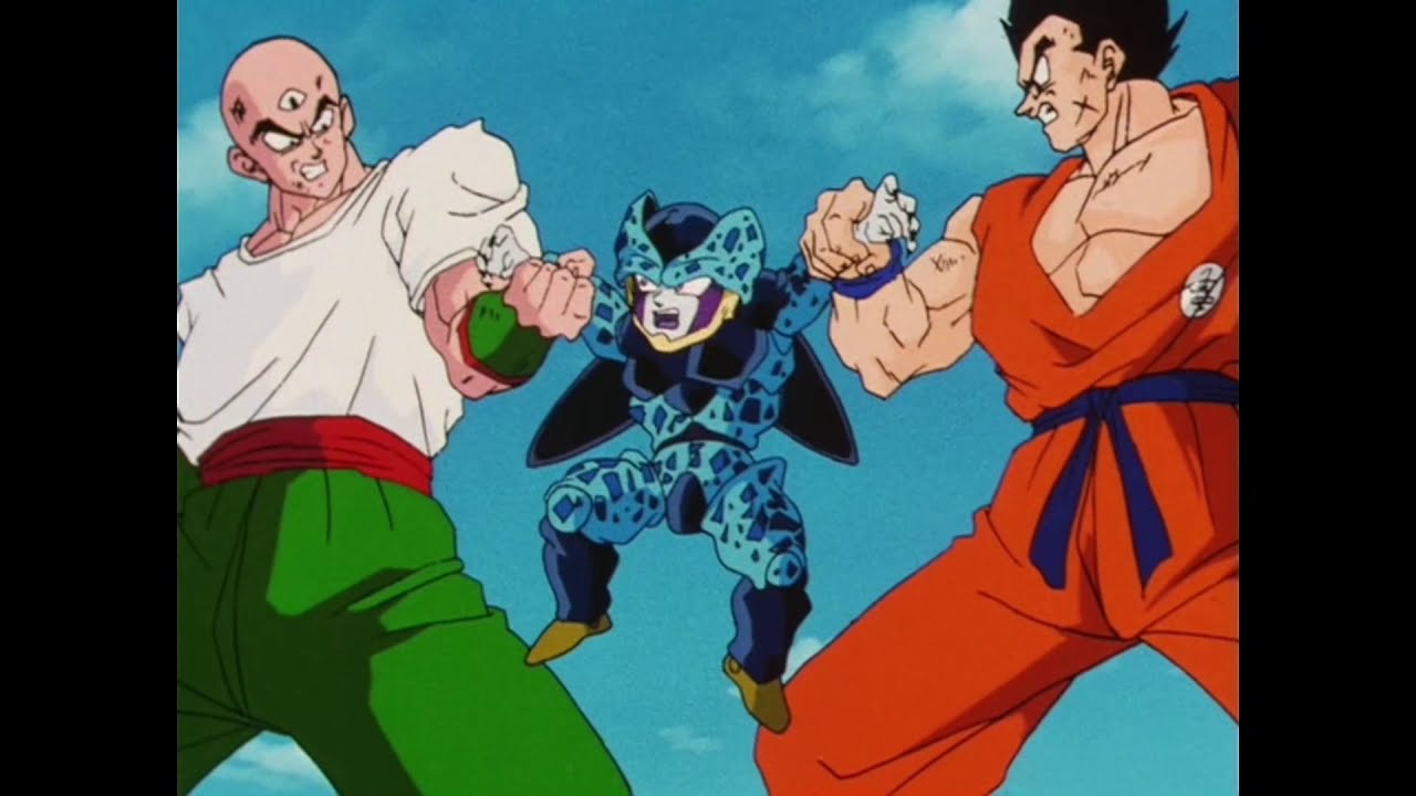 Tenshinhan and Yamucha Help Goku Fight Cell Junior