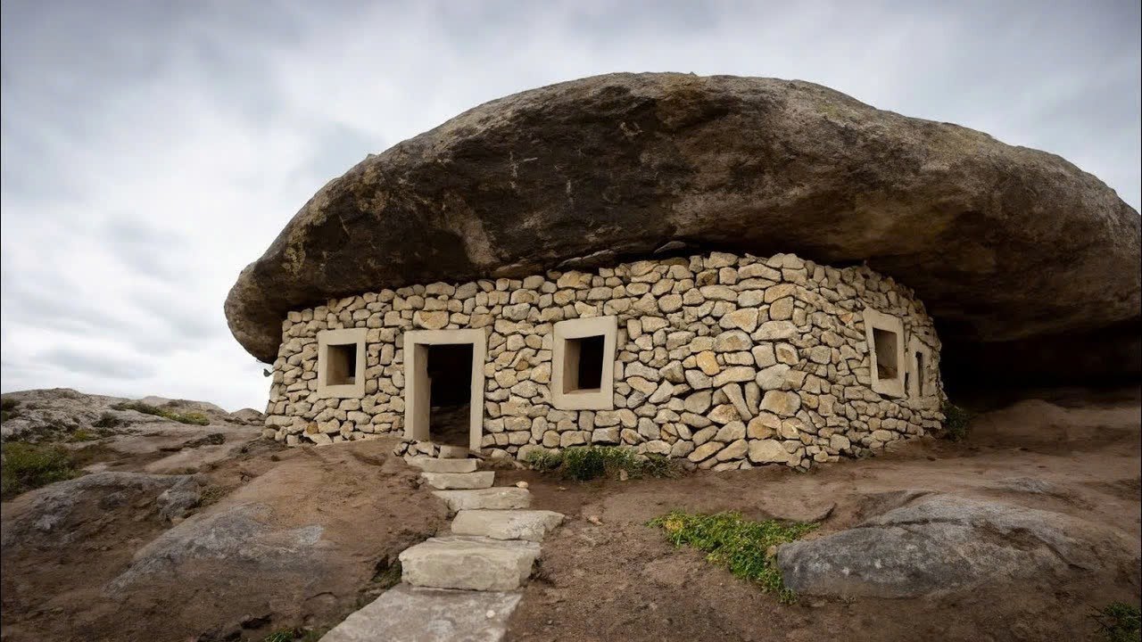 Building Bushcraft Stone Shelter In The Mountain With Wood Roof, Catch And Cook
