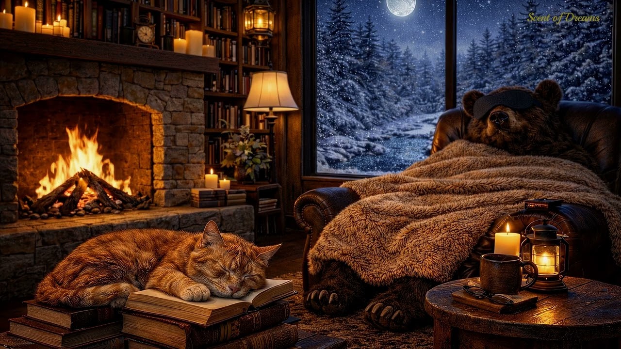 8 Hours Fireplace Sounds for Sleep | Cozy Winter Cabin (Soft Crackling)  Ember & Bruno