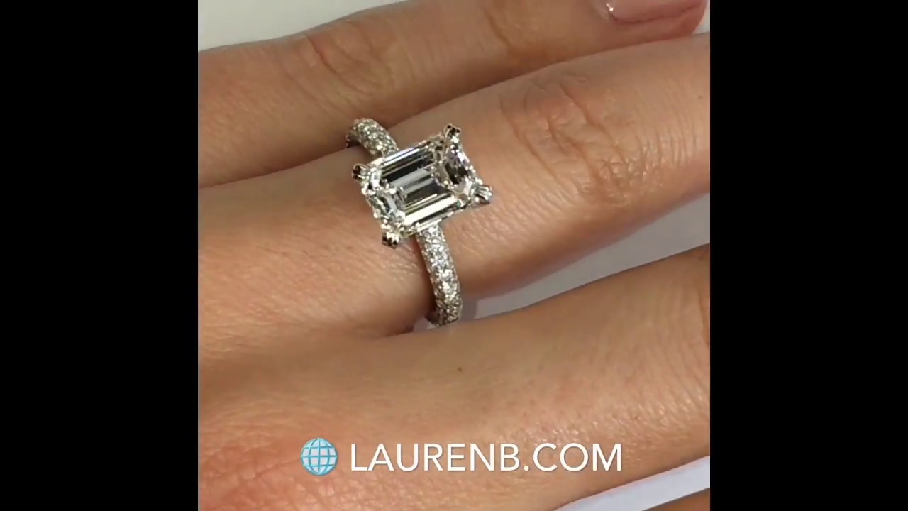 3 Carat Emerald Cut Diamond 3-Row Pave Engagement Ring