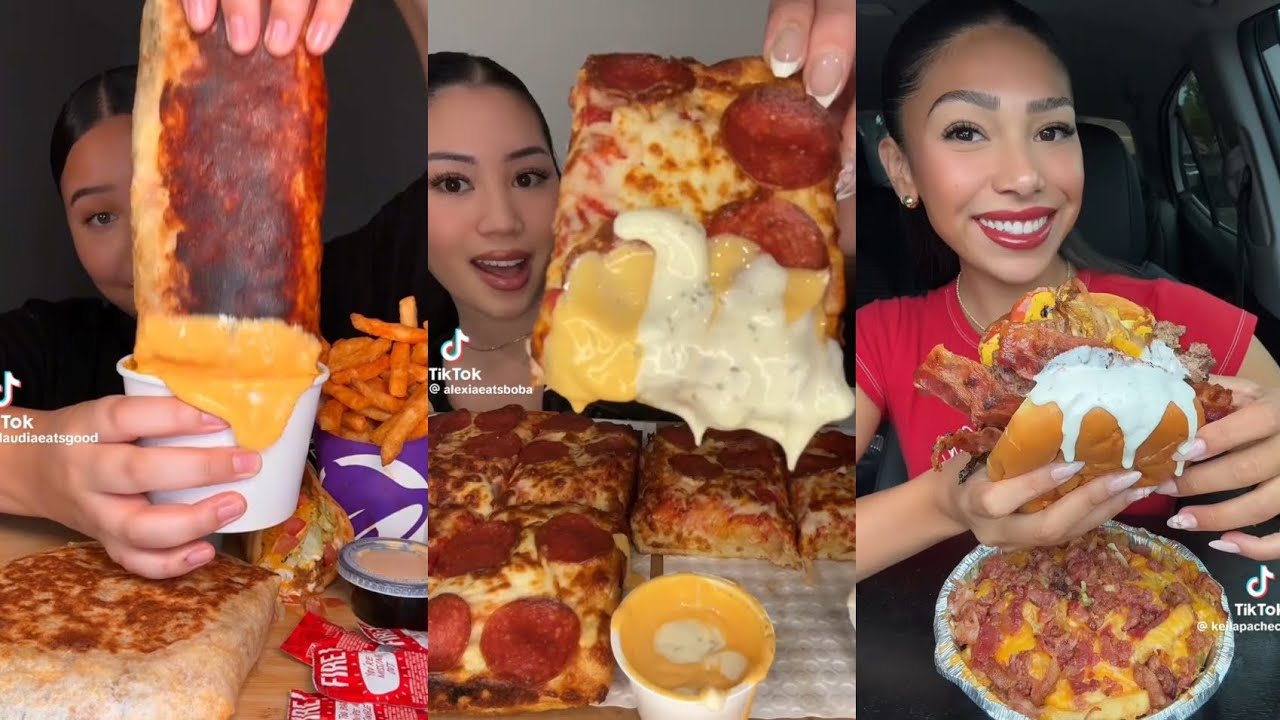 TIKTOK MUKBANG COMPILATION FRIED SUSHI BURGERS CHEESY PIZZA IN N OUT TACO BELL DOMINO RAMEN NOODLES
