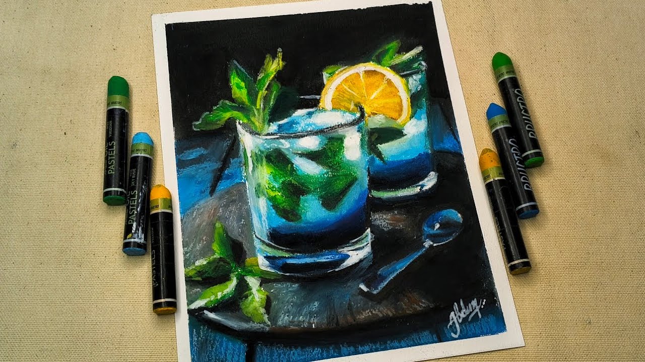 😍Realistic Oil Pastel Drawing for Beginners ✨ |Refreshing Blue Mojito 🍋🥤 | Still Life Painting