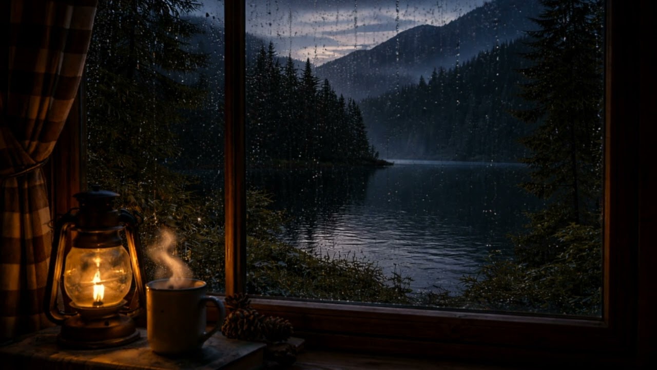 Rain on Cabin Window at Night 🌧️ Cozy Mountain Lake Ambience for Deep Sleep & Relaxation