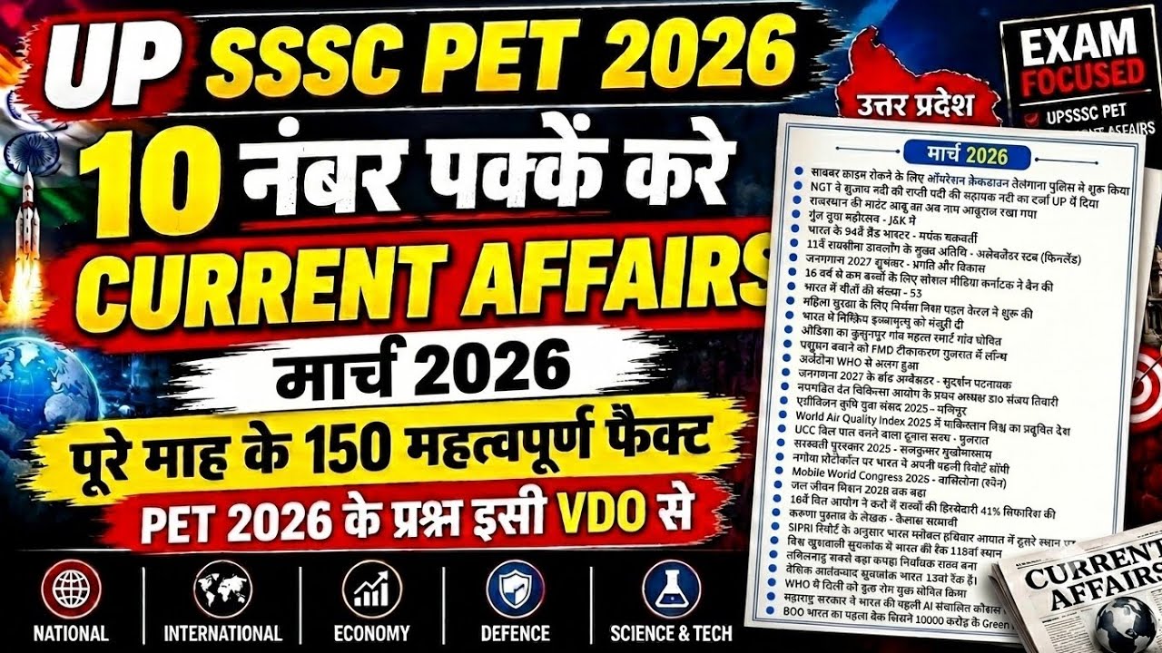 UPSSSC PET 2026 | March CURRENT AFFAIRS 10 Marks | 150 Important Facts for March