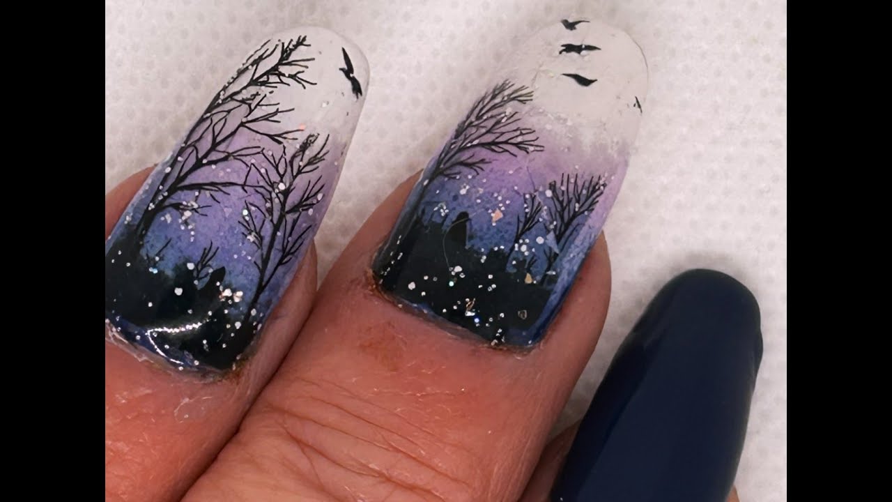 Winter scene, hard gel and stickers, relaxing pace.