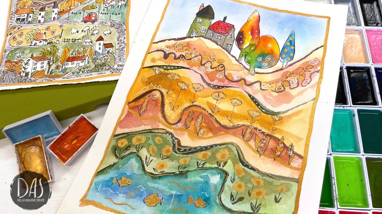 How to Paint a Watercolor - Whimsical Houses on a Hill - Easy Real-Time Tutorial for Beginners