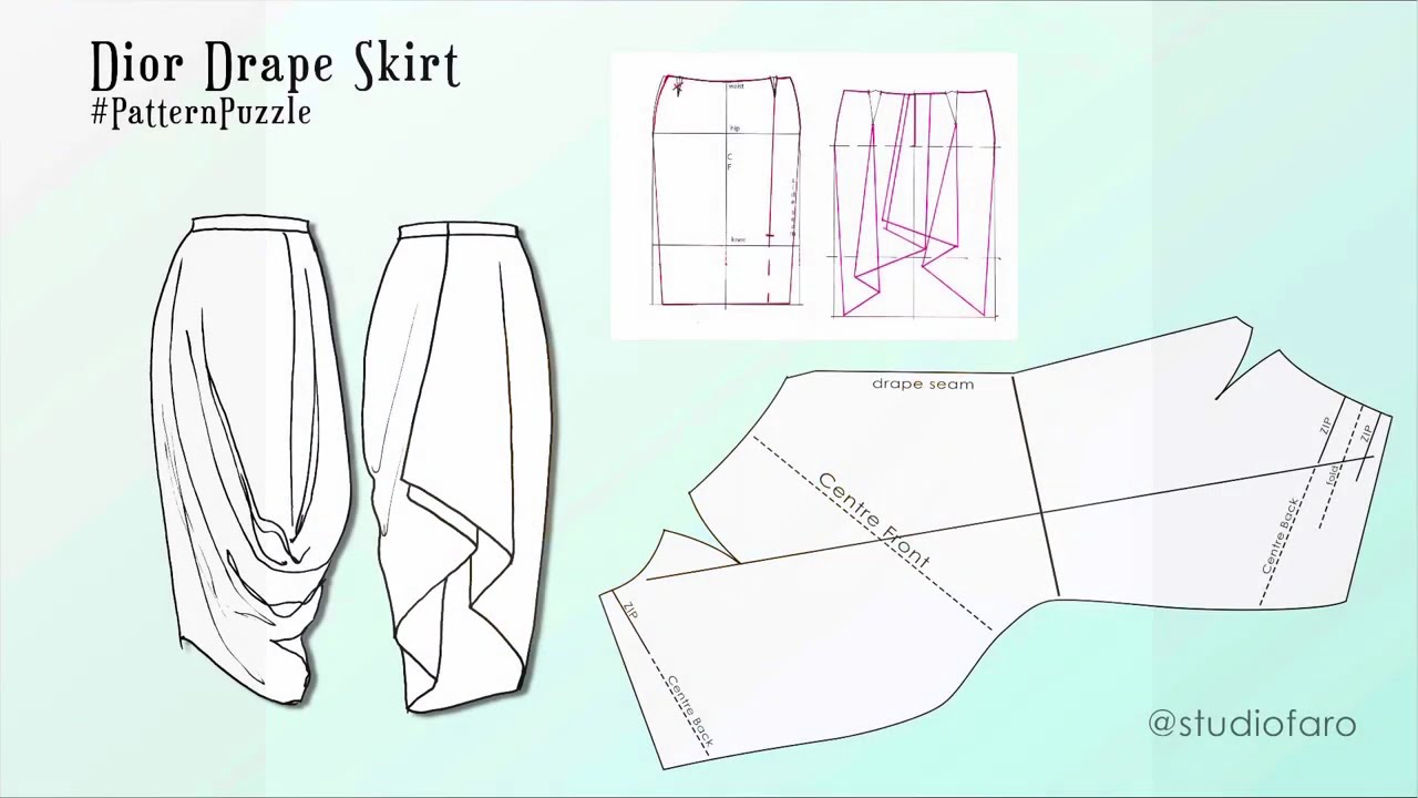 Dior Draped Skirt Pattern Making Instructions @studiofaro #patternpuzzle 