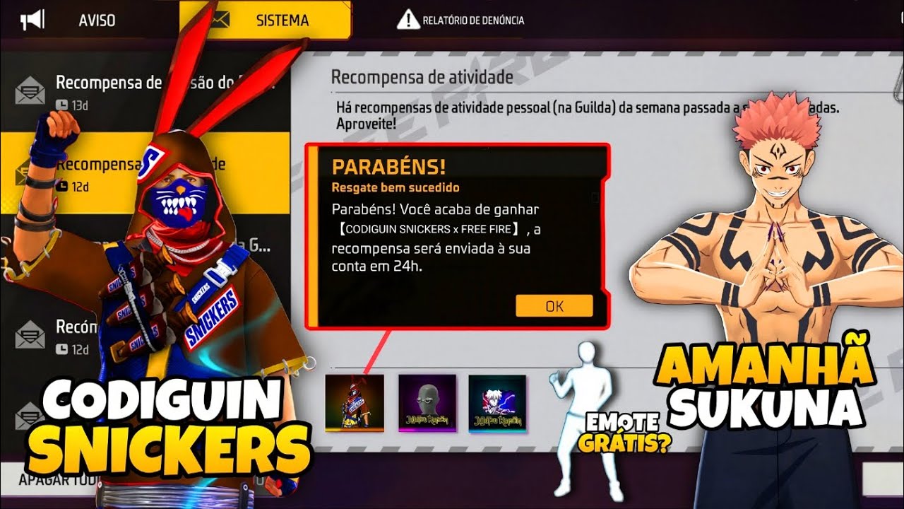CORREE!! CODIGUIN SNICKERS, PEGUE A SKIN, PR&Ecirc;MIOS 2026, EMOTE GR&Aacute;TIS? E MAIS - NOVIDADES FREE FIRE