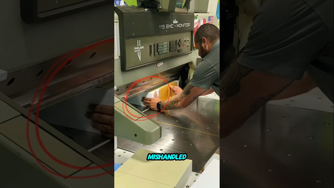 Guillotine paper cutter operator mishandle.