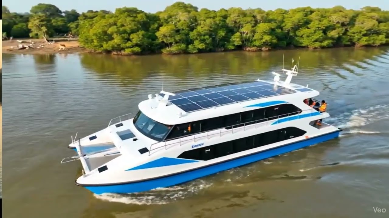 Solar electric catamaran ship made in Bangladesh. Green, sustainable, river transport for Bangladesh