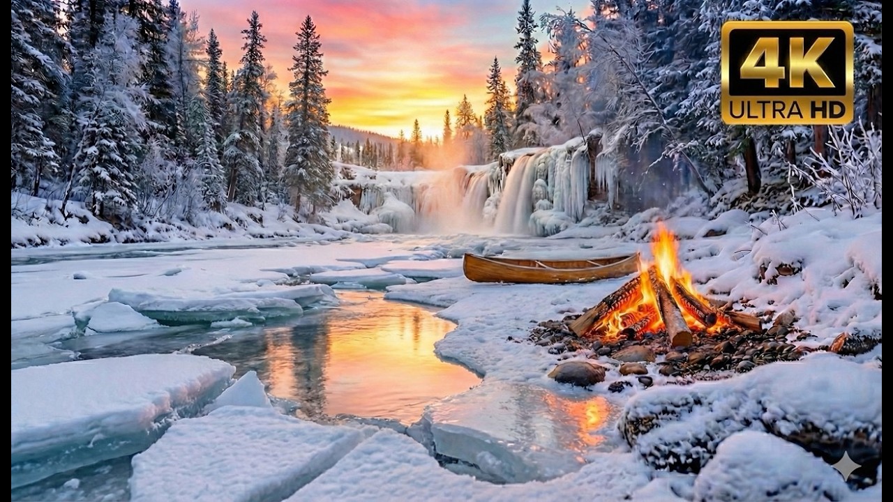 Winter Campfire by a Frozen River ❄️ Relaxing Fire Sounds & Nature Atmosphere (4K)