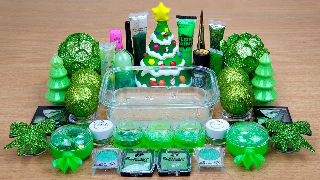 GREEN Christmas SLIME Mixing makeup and glitter into Clear Slime Satisfying Slime Videos