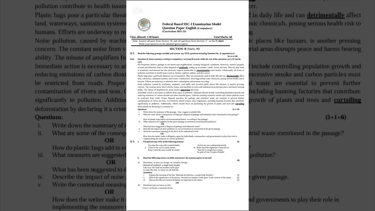 Fbise 9th Class (SSC-I) English Compulsory (NEW COURSE) Model Paper (Subjective Paper) 2025