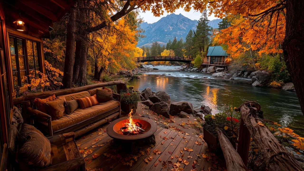 Autumn Riverside Porch | Cozy Firepit & Gentle River Sounds Ambience