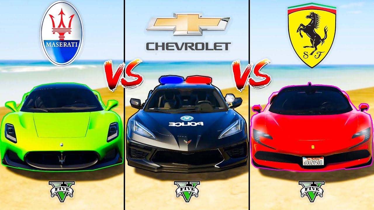 Maserati MC20 vs Police Chevrolet Corvette vs Ferrari SF90 - GTA 5 Mods Which sport car is best?