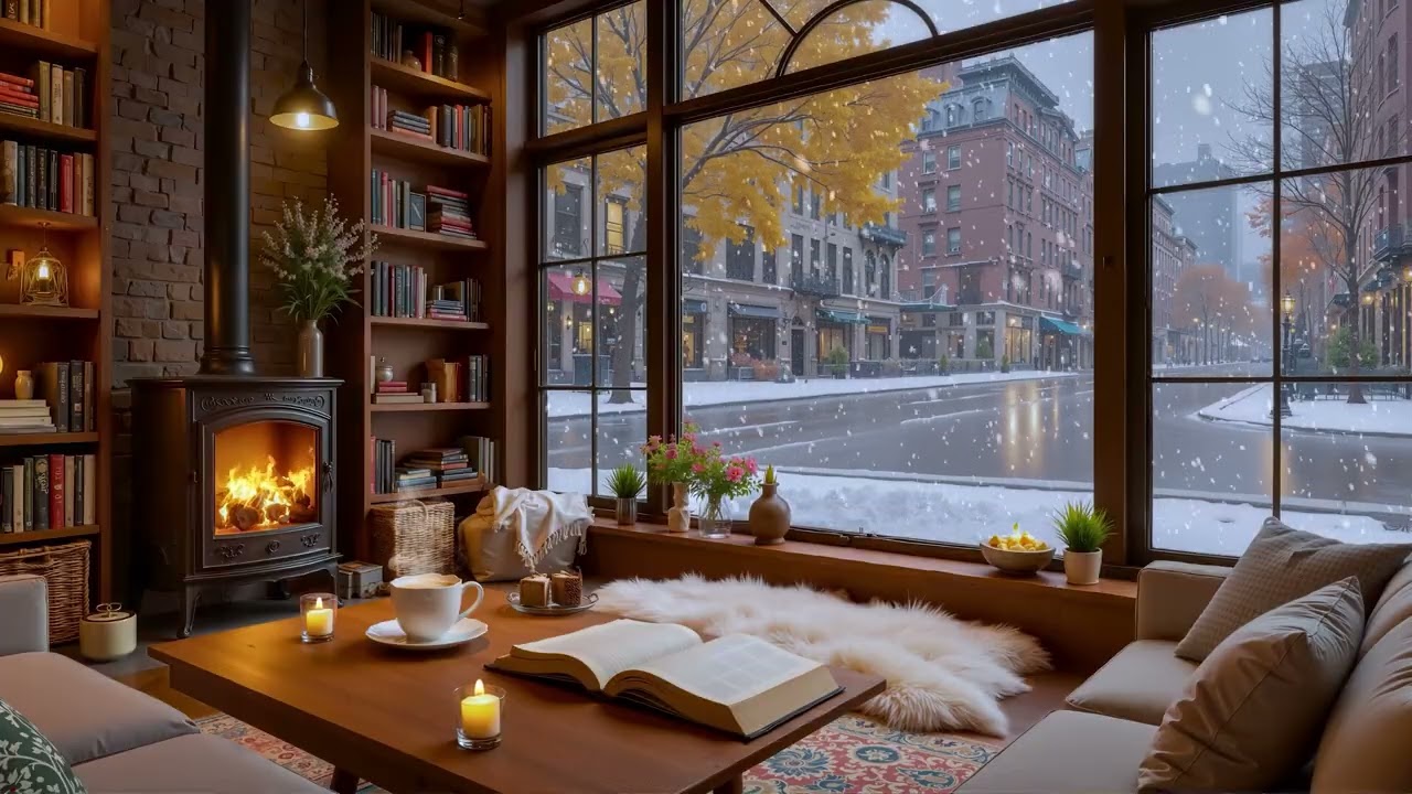 Атмосфера зимней кофейни ❄️ Нежная джазовая музыка и теплые звуки камина для учебы и концентрации.